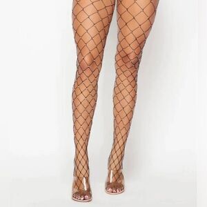 Black rhinestones wide fishnet hosiery tights stockings